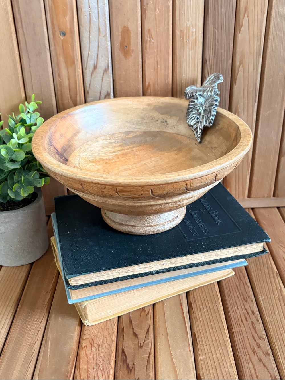 Rustic Carved Wood Pedestal Bowl with Metal Leaf Detail, Farmhouse Decor